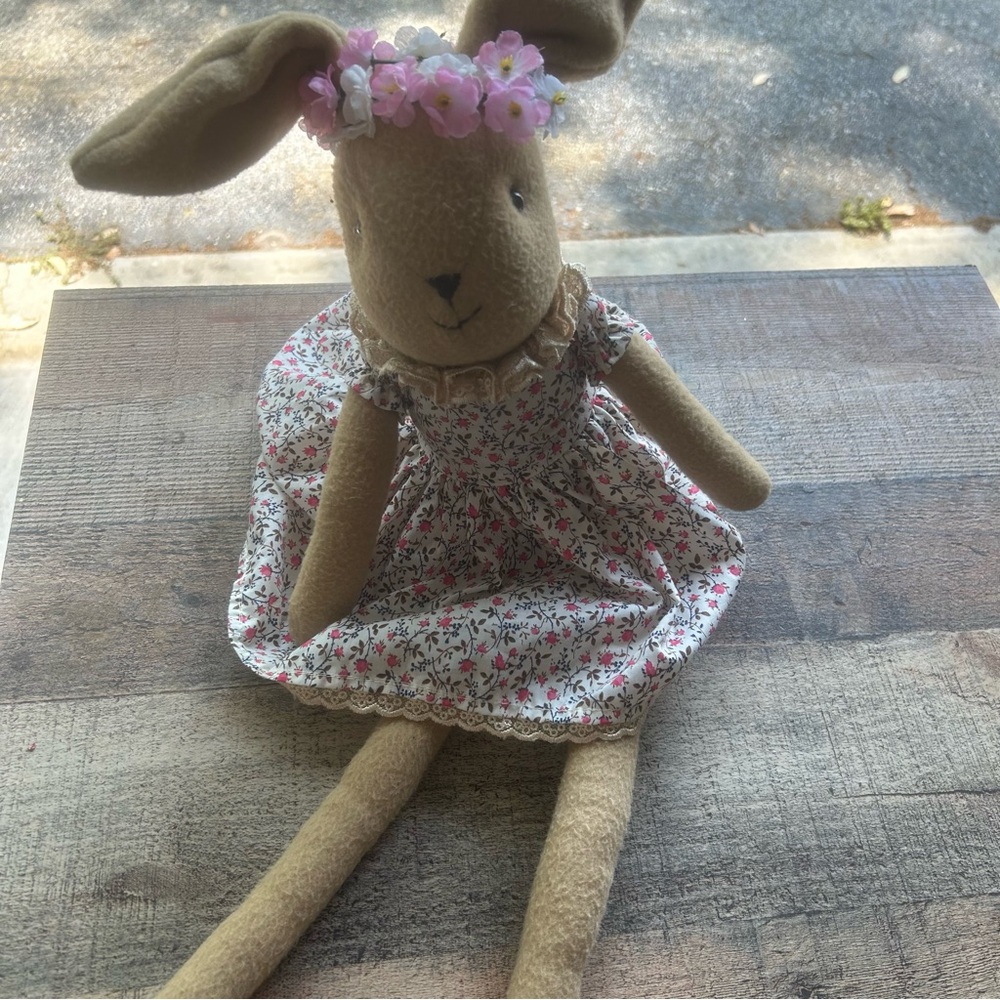 Pier 1 Tan Plush Bunny with Floral Dress and Pink Flower Crown